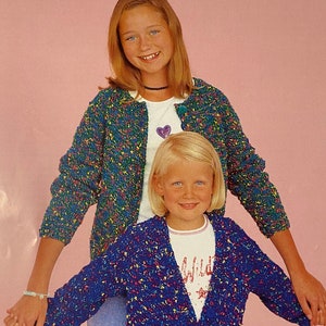Childs summer chunky kids cardigans x2. Classic V neck, round neck and buttoned. Vintage, classic knitting pattern 0015.