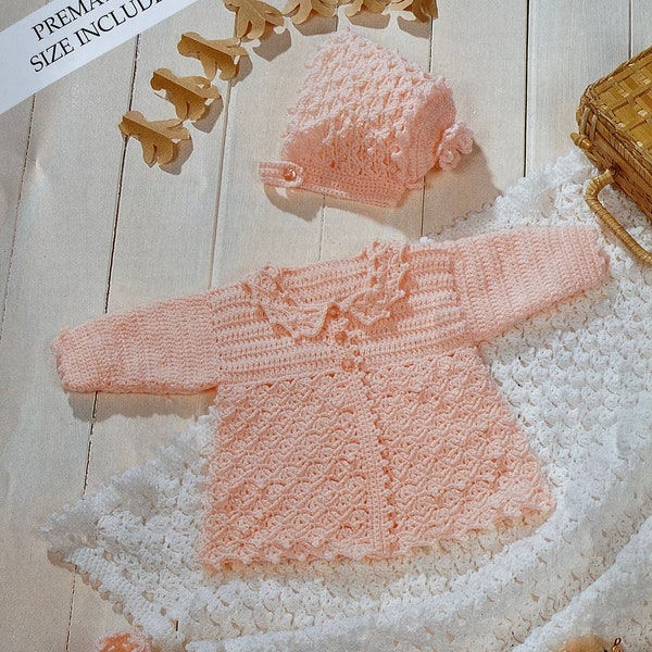 Baby Summer Matinee Set avec châle comprenant des tailles prématurées. Veste, bonnet et chaussons en 4Ply. Patron au crochet 0072