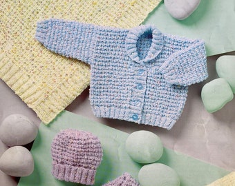 Baby DK Jacke, Mütze, Decke und Kissen Set. Vintage, klassisches Sommer Strickmuster. Kuscheliges Babypartygeschenk. Strickanleitung 0094