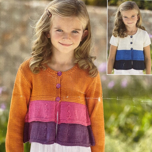 Childs summer cardigan with short and long sleeve design. Classic lightweight design in Dk cotton. Knitting Pattern 045