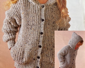 Childs Jacket / cardigan. Ideal hooded top traditional classic tweed design, Vintage pattern. Boy or Girl 4yrs - 12yrs. Knitting Pattern 013