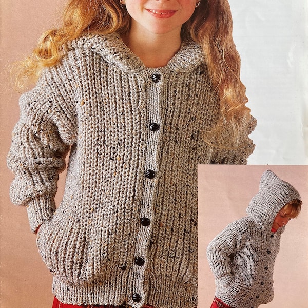 Childs Jacket / cardigan. Ideal hooded top traditional classic tweed design, Vintage pattern. Boy or Girl 4yrs - 12yrs. Knitting Pattern 013