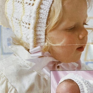 May include: A white crocheted baby bonnet with yellow stripes and a ruffled edge. The bonnet is worn by a baby with blonde hair. The text "4 sizes 0-10 years" is visible in the image.