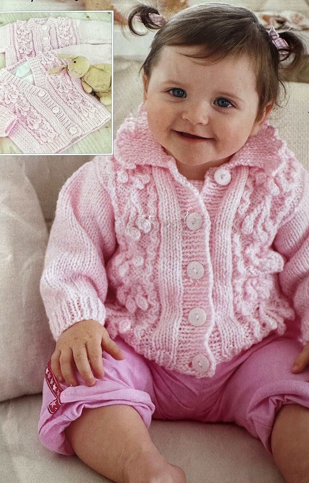 Baby Aran Cardigans Knitting Pattern. Round, Collar and Vneck