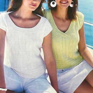Ladies Summer Dk Tops Knitting Pattern. Classic sleeveless summer lightweight round or v-neck easy knitted tops. Full pattern 0119