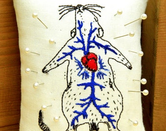 Dissected Rat Embroidered Pin Cushion with Veins and Heart