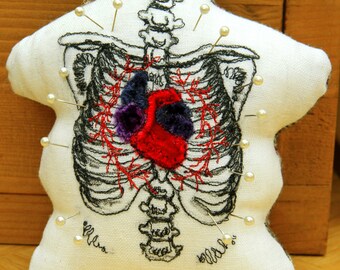 Velvet Heart in Ribcage Embroidered Pin Cushion