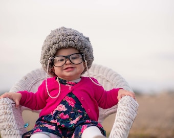 Old Lady Costume WITH non-prescription Glasses and chain Old Lady Wig Granny Wig Grandma Costume 100th Day of School