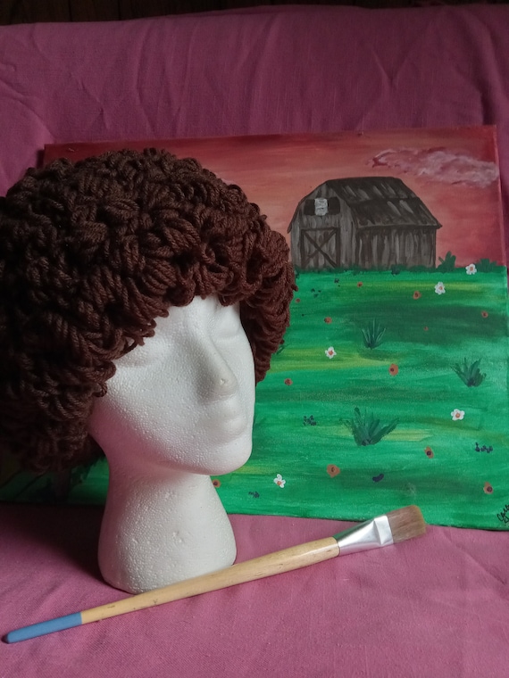 Bob Ross Wig, Brown Afro, Curly Hair Yarn Wig, Halloween Costume