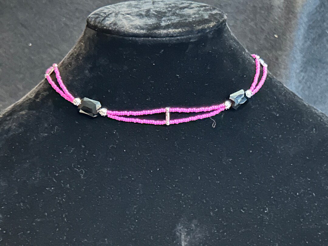 Dual Strand, Pink, Black and Silver Chocker Necklace W