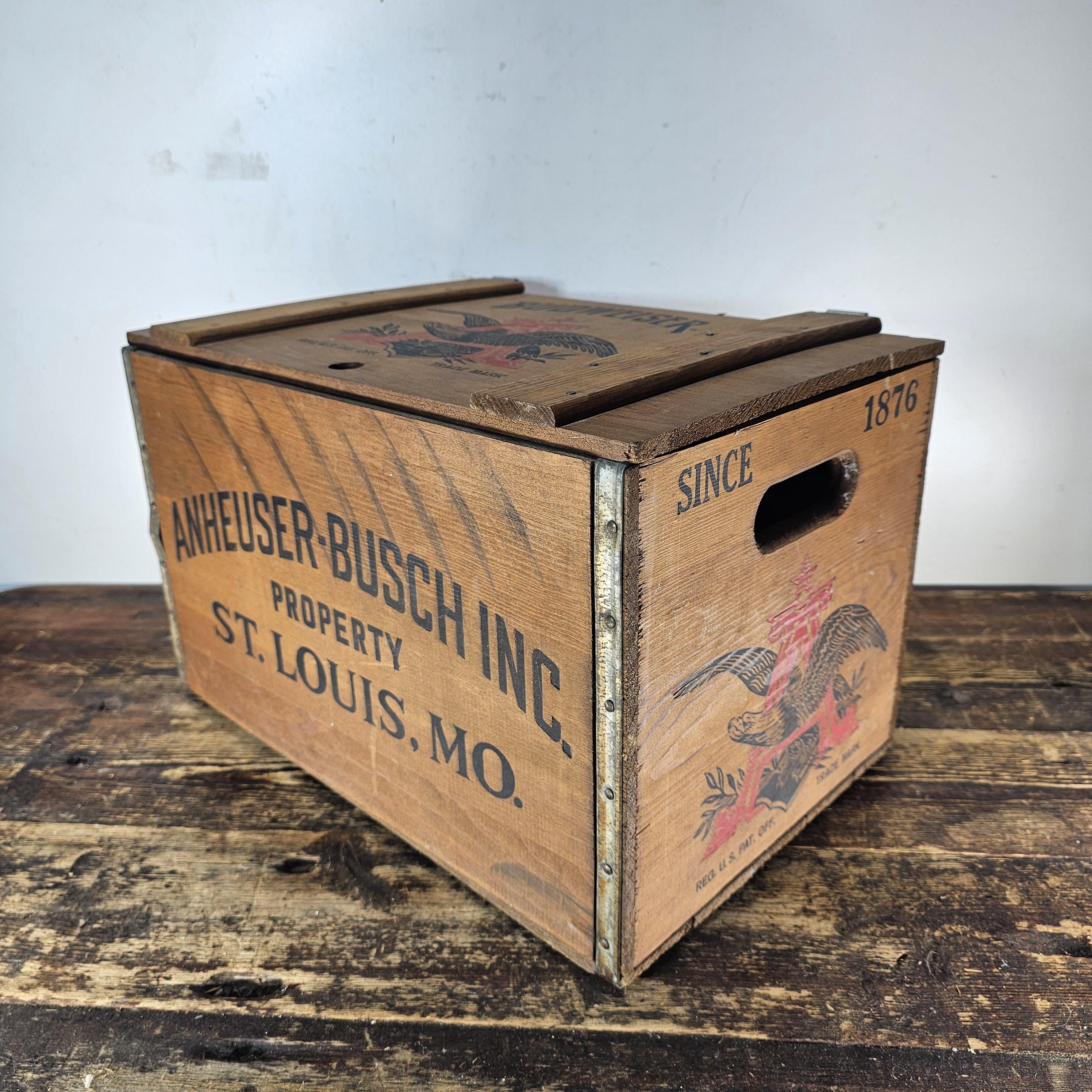 ★Budweiser ヴィンテージ木箱 Anheuser-Busch★ Budweiser Wood Beer Wooden Crate Box Hinged Lid Anheuser