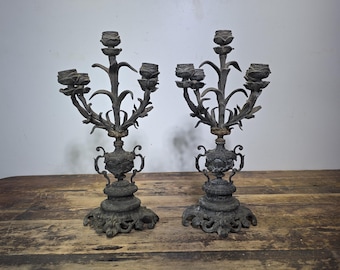 Antique French Rococo 5-Light Candelabra Pair Rose Spelter 15.5" - DAMAGED AS-IS
