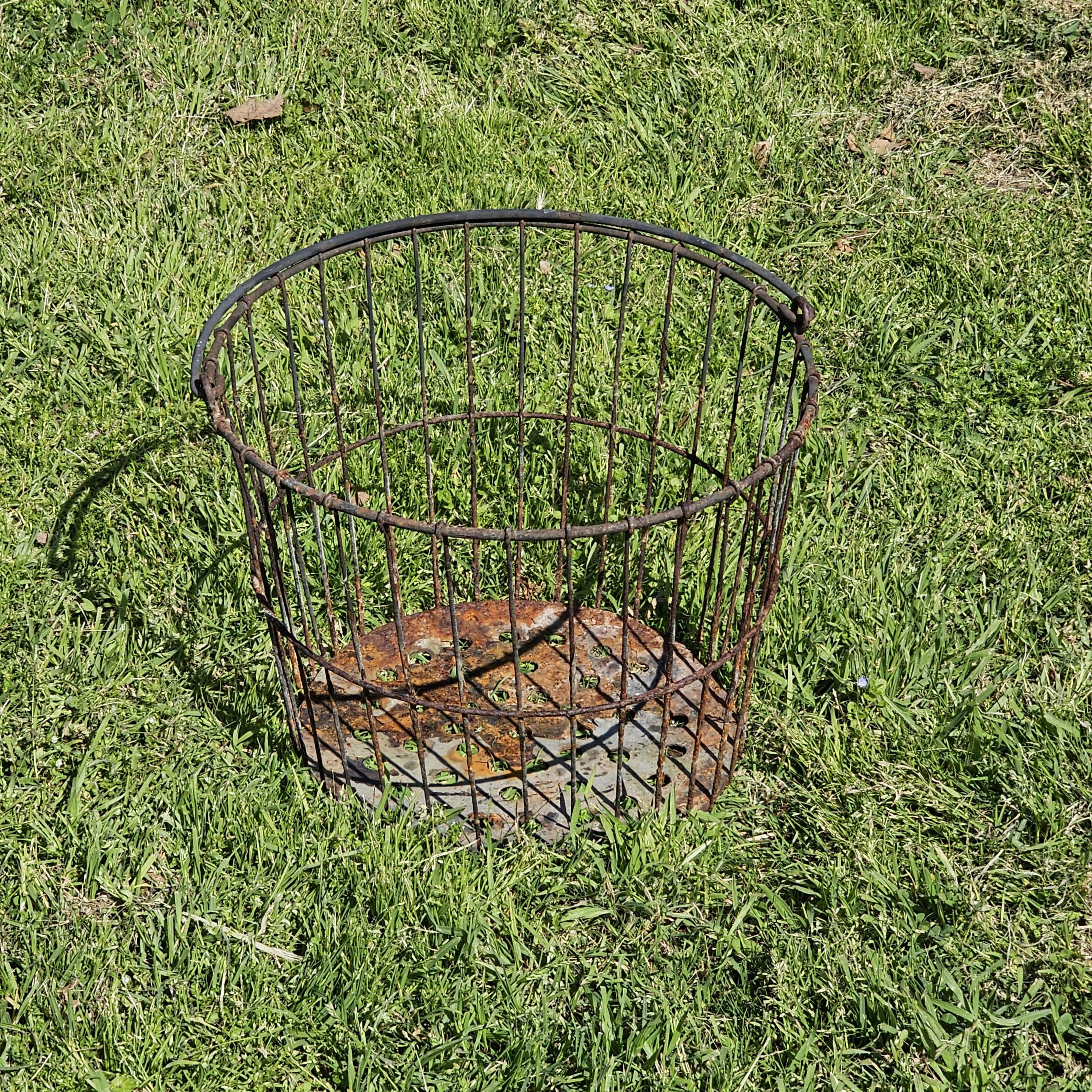Vintage Rusty Wire Gathering Basket With Perforated Metal Base 15