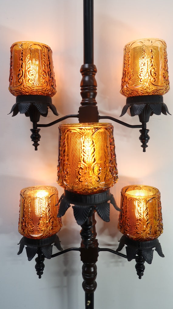 Vintage 5 Light Tension Pole Floor Lamp 3 Way Diffused Amber Glass
