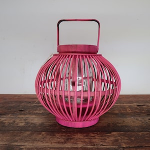 Pink Bamboo Lantern With Handle 10&quot; x 10&quot; x H 8.5&quot;