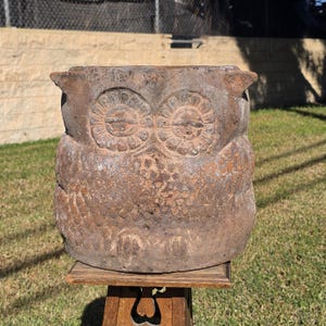 May include: A brown, weathered, owl-shaped planter with a textured surface, prominent circular eyes, and pointed ear tufts. The object features a hollow top opening and a sturdy, rounded body, displaying signs of age and outdoor exposure.