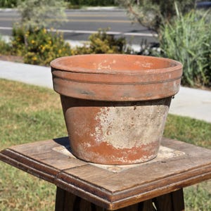 May include: A terracotta plant pot with a wide, thick rim and a tapered body. The exterior surface features a weathered, earthy orange color with patches of white mineral deposits and signs of age, showing a textured, matte finish throughout.