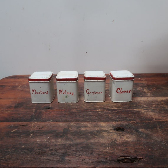 Set von 4 Vintage handbemalten Metall Gewürzdosen 2,5 