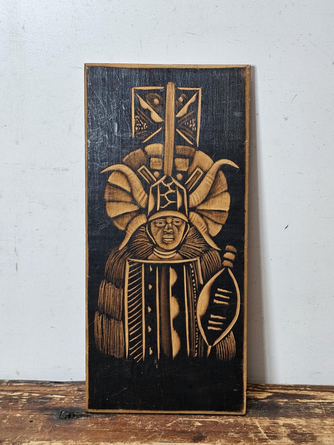 Hand-carved Zulu Warrior Wooden Wall Plaque Southern African Folk