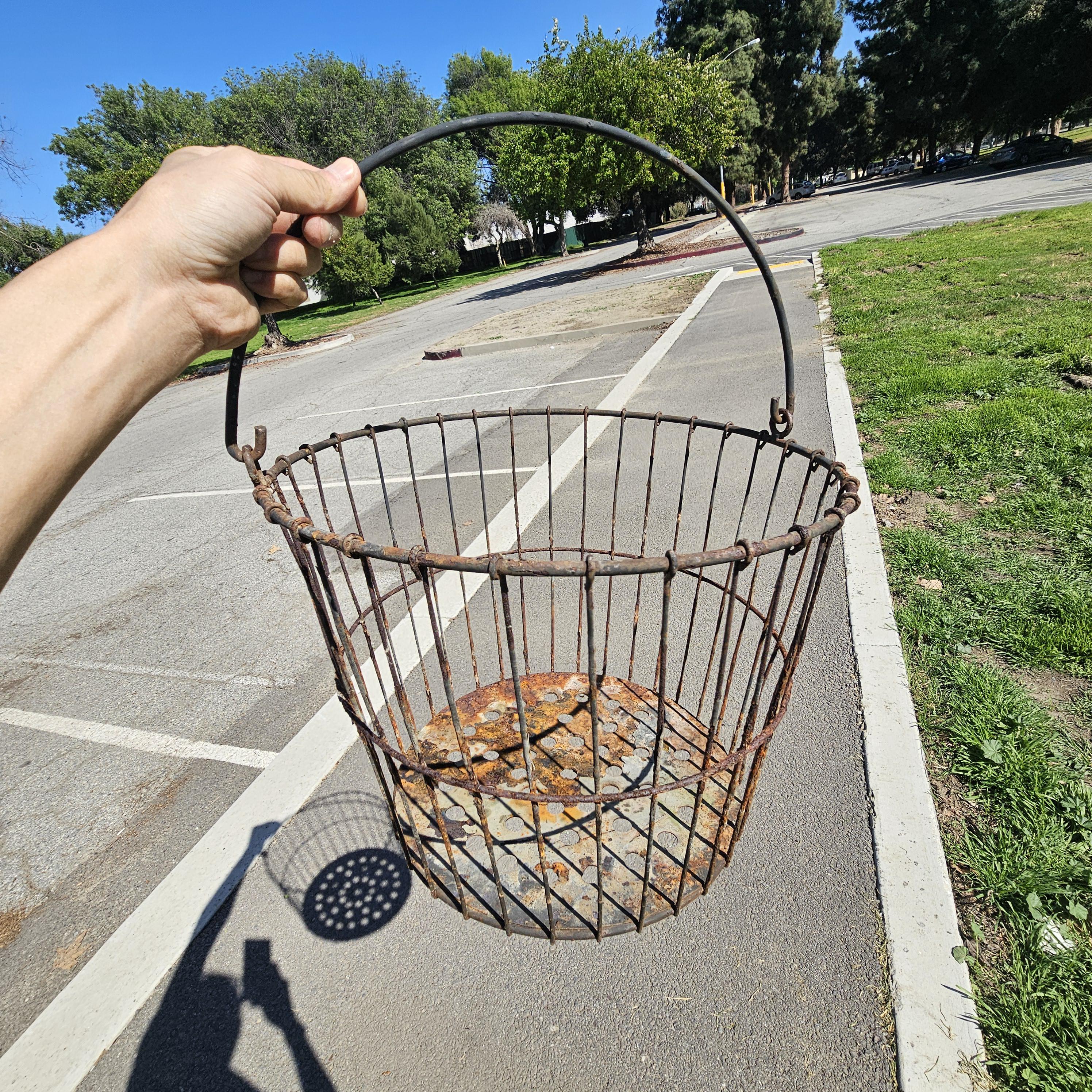 Vintage Rusty Wire Gathering Basket With Perforated Metal Base 15