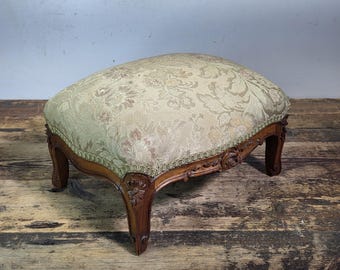 Vintage Louis XV Style Footstool Ottoman Carved Wood Rococo Brocade Small Stool
