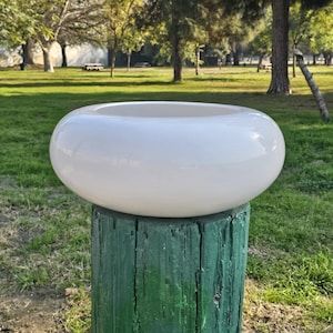 Può includere: Un vaso da fiori in ceramica bianca con una forma arrotondata a forma di ciotola si trova su un palo di legno verde. Il vaso è vuoto e sembra essere in ceramica smaltata.