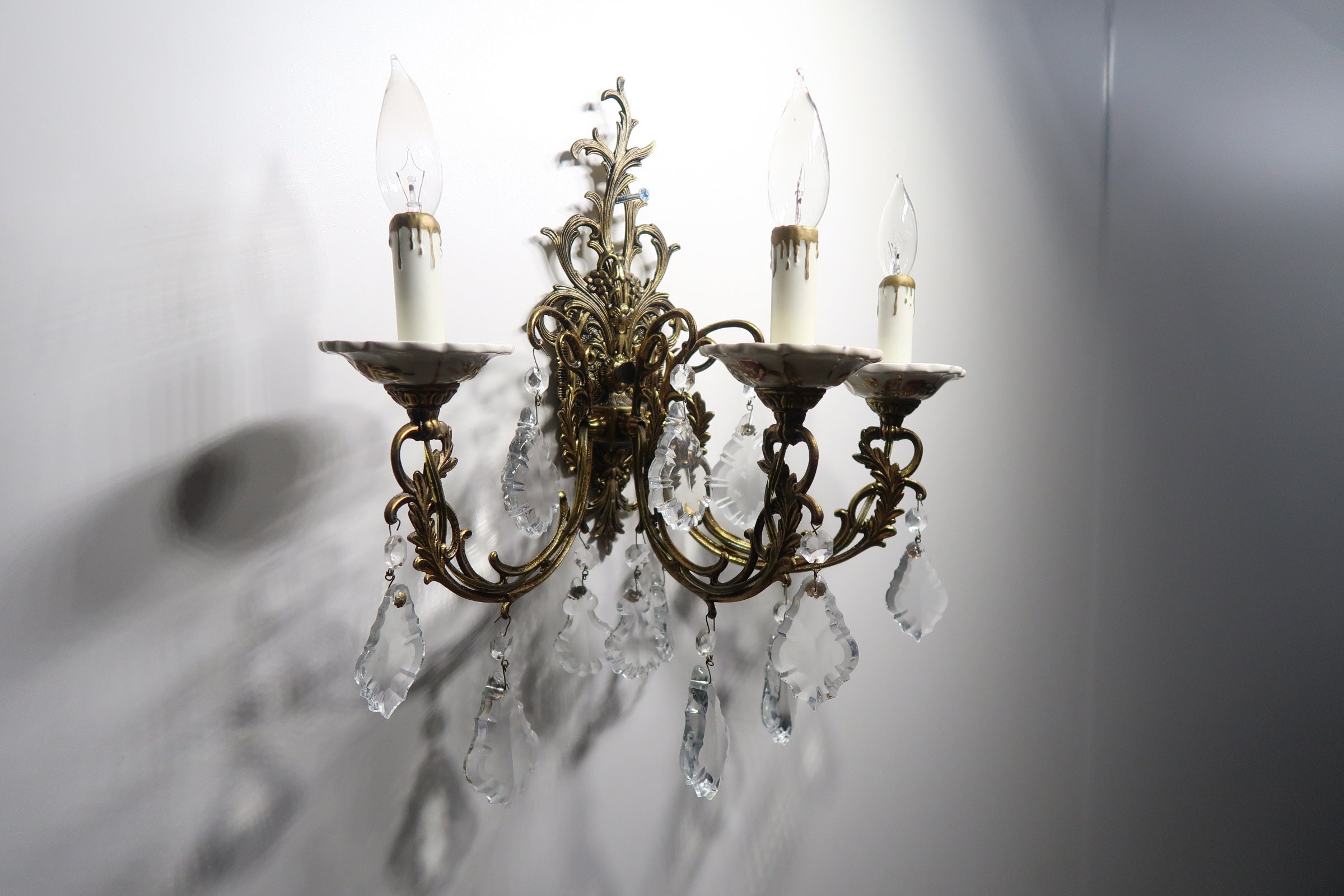Vintage Brass Wall Sconce Chandelier 3 Lights With Crystal Etsy