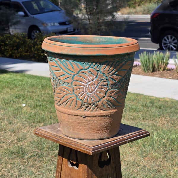 Vintage Southwestern Terracotta Planter Pot Turquoise Teal Carved Floral 12"