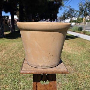 May include: A light tan, tapered terracotta plant pot with a wide, rounded rim. The exterior surface of the clay vessel shows subtle variations in color and texture, with a smooth, matte finish and a slightly weathered appearance.