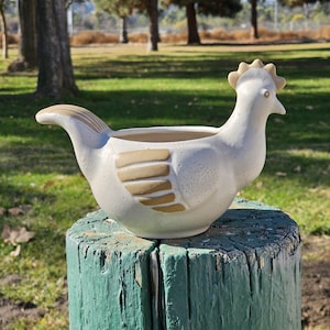 Puede incluir: Maceta de cerámica blanca en forma de pollo con detalles marrones. La maceta tiene forma de pollo con la cabeza levantada y un pico. La maceta está sentada sobre un tronco de madera verde.
