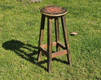 Vintage Wooden Rustic Bar Stool Hand Painted Floral 27.5" H