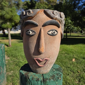 Rare 1960s Vintage Mexican Folk Art Terracotta Face Planter / Sculptural Pot