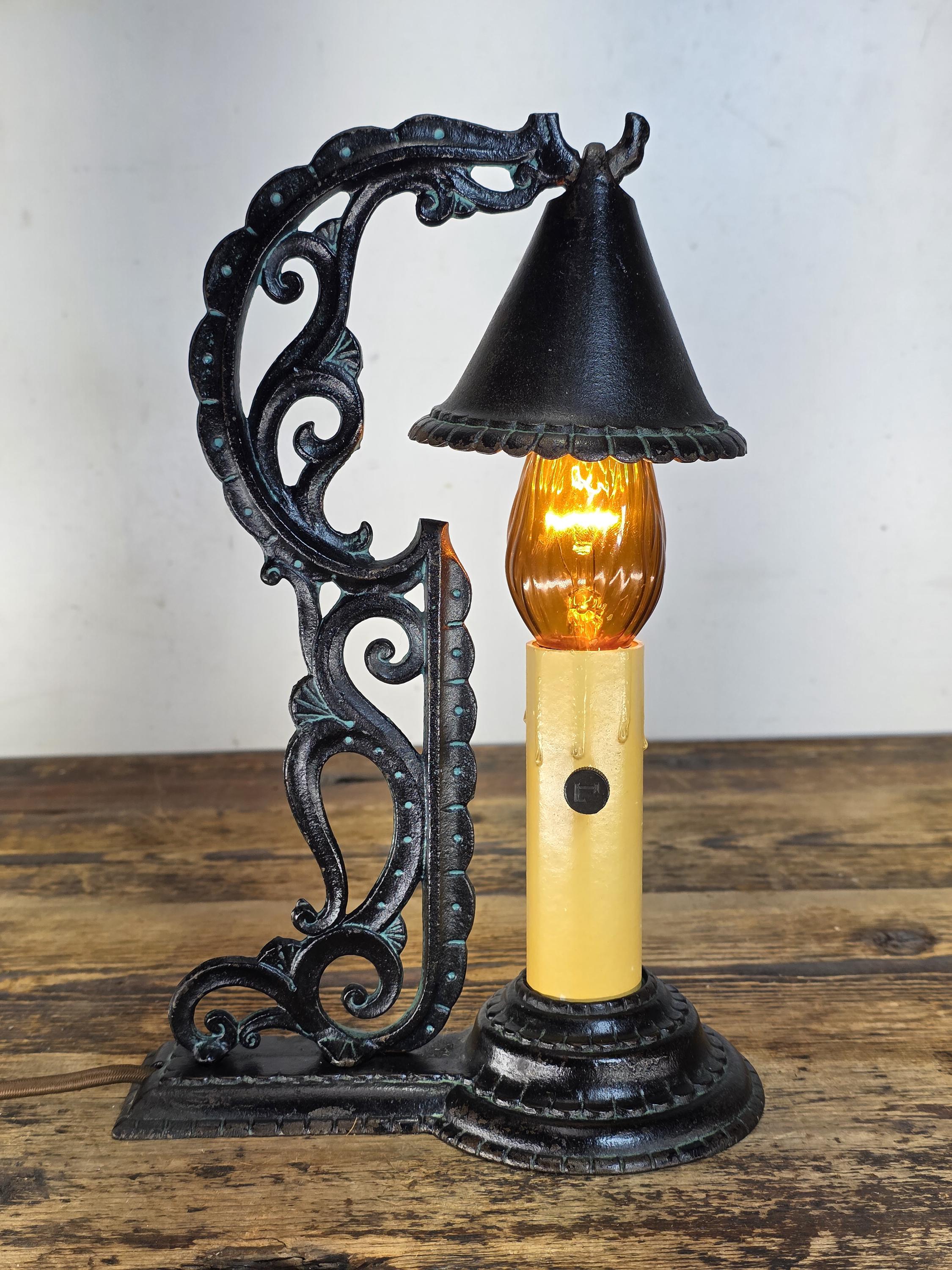 C.1920s Boudoir-size Cast Iron Candle Lamp W / Hammered Smoke-bell