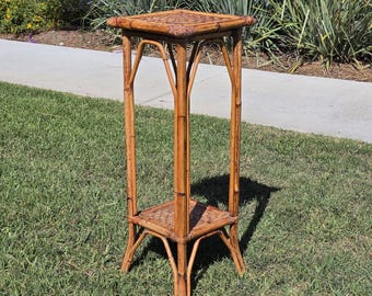 Vintage Bamboo Rattan Plant Stand 2 Tier Boho Wicker Flower Pot Holder Tiki