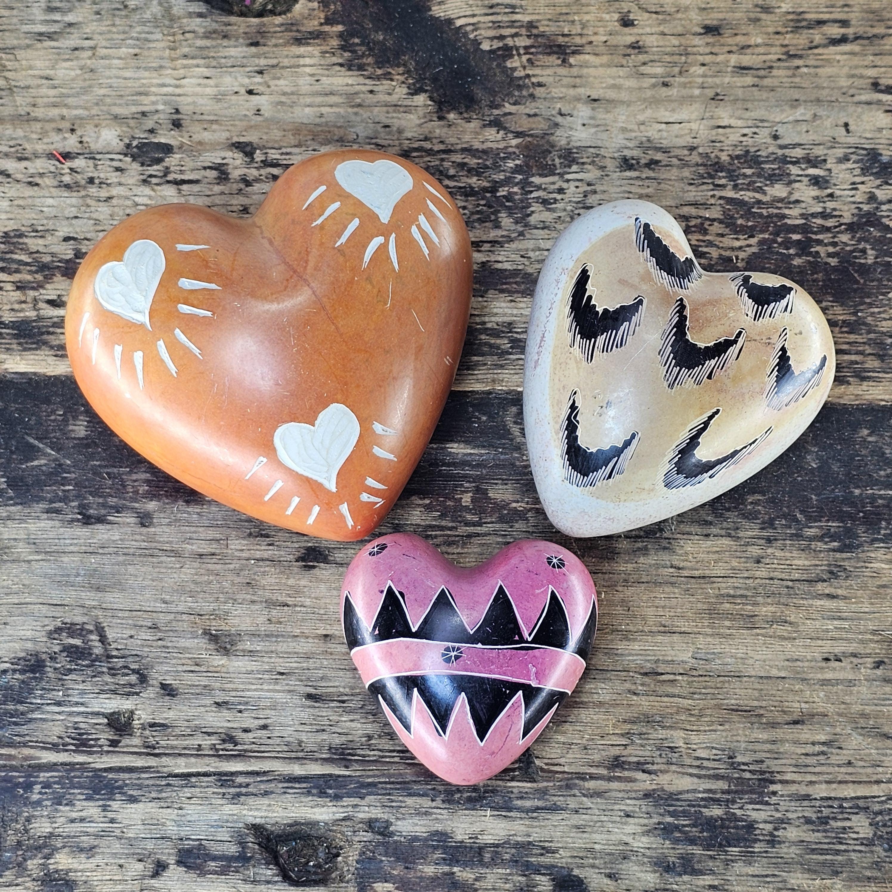 Set of 3 Hand-carved Kenyan Soapstone Hearts African Art