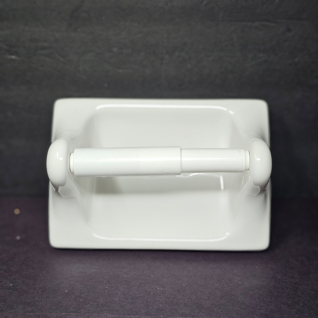 Vintage Ceramic Toilet Paper Holder Glossy White With Paper Roller NOS