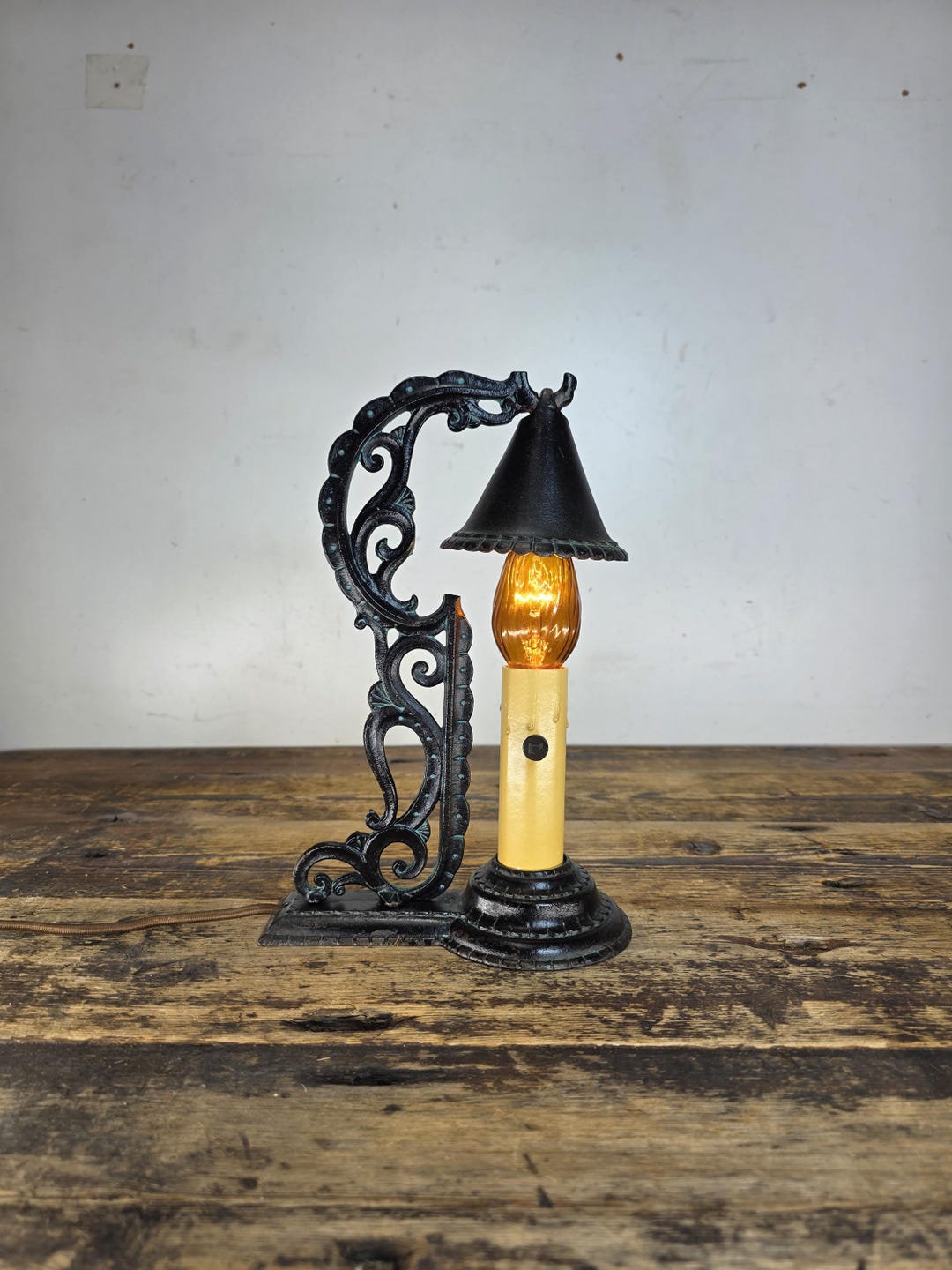 C.1920s Boudoir-size Cast Iron Candle Lamp W / Hammered Smoke-bell