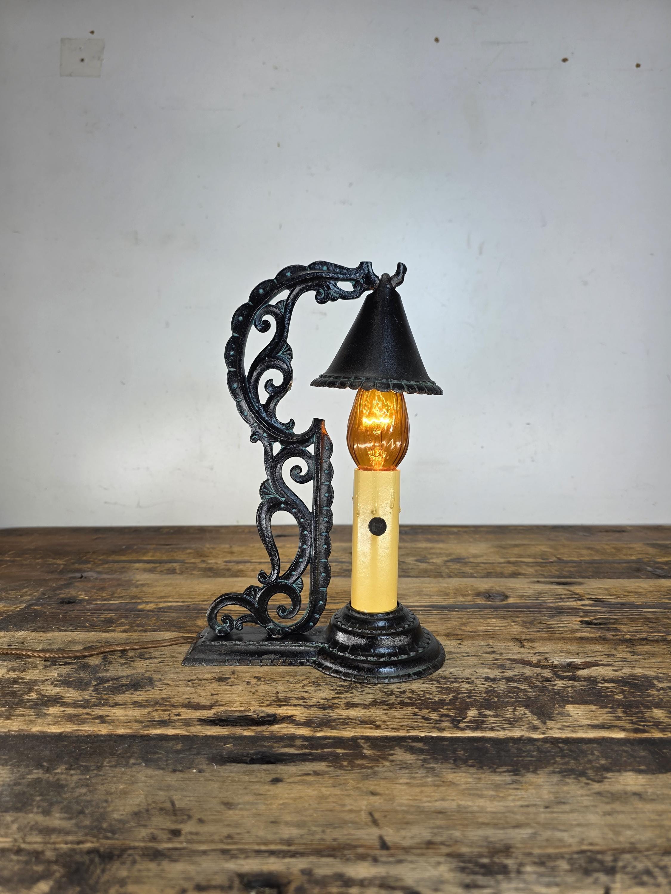 C.1920s Boudoir-size Cast Iron Candle Lamp W / Hammered Smoke-bell
