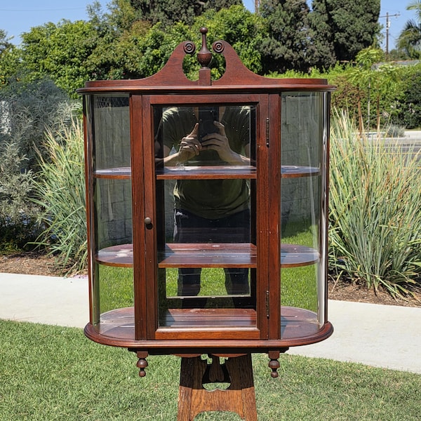 Vintage Federal Style Curved Glass Wall Curio Cabinet Mirror Back Display Case