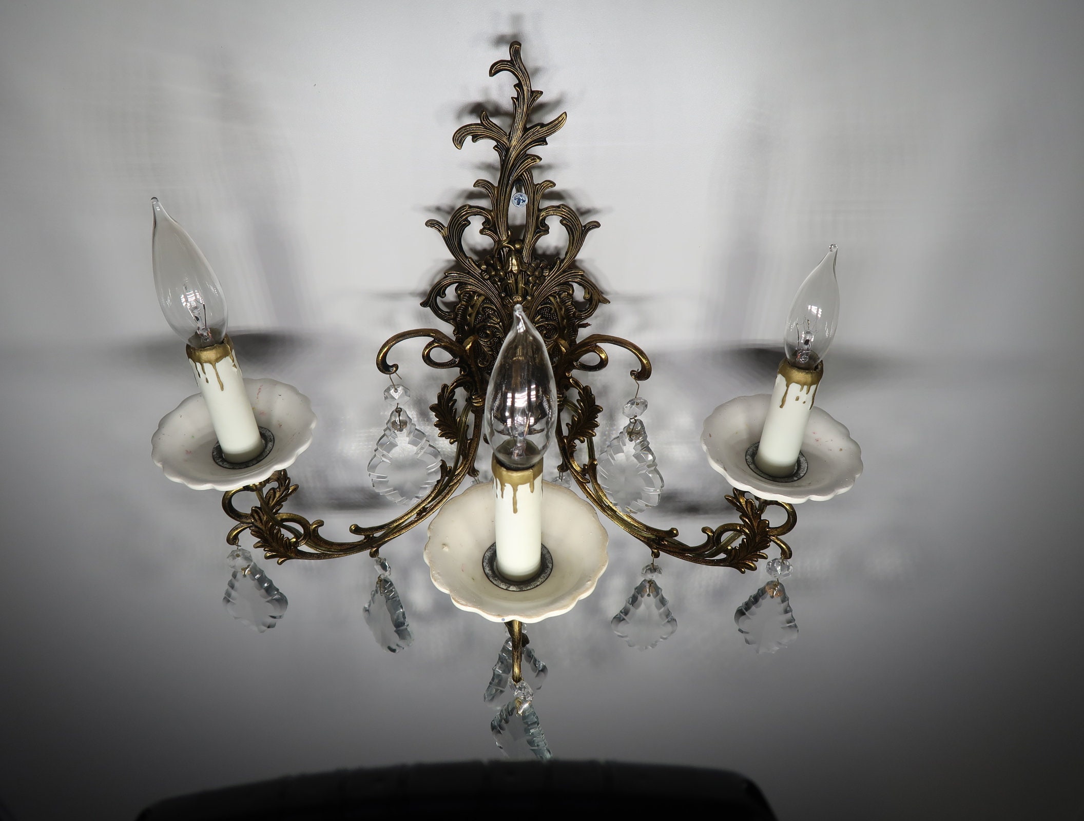 Vintage Brass Wall Sconce Chandelier 3 Lights With Crystal Etsy
