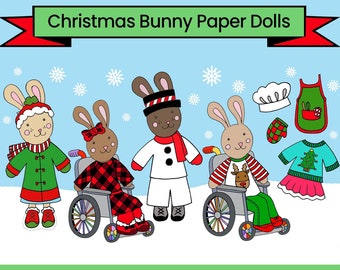 Christmas Bunny Paper Dolls - Printable Paper Dolls - Digital Download