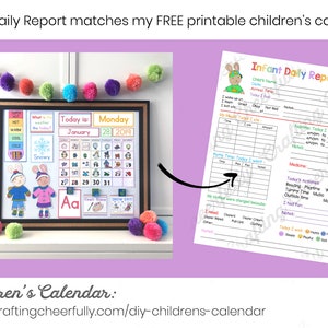 May include: A printable infant daily report form with a pink background and a cartoon bunny rabbit. The form includes sections for recording the child's sleep, feeding, diaper changes, and activities. The form also includes a calendar with a colorful design and a cartoon bunny rabbit.