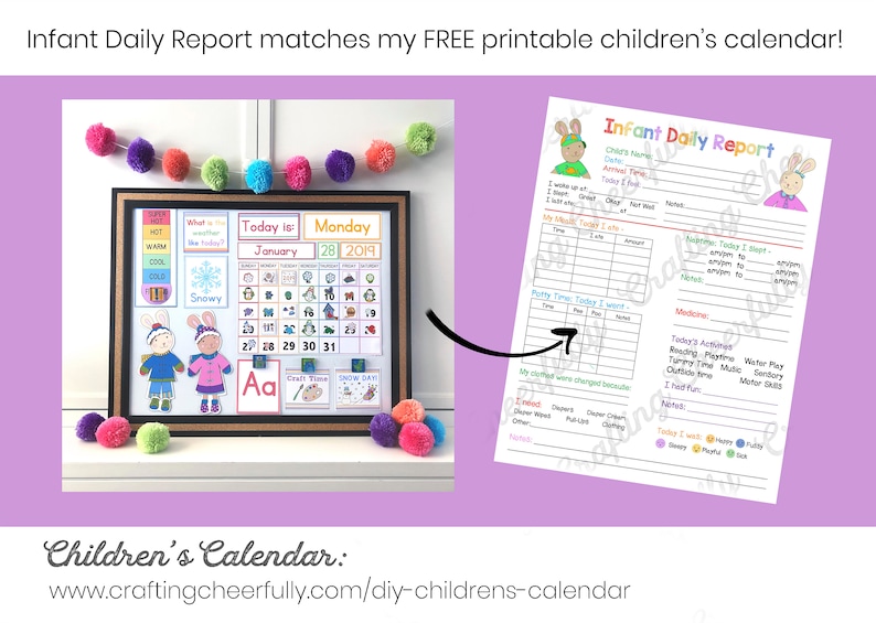 May include: A printable infant daily report form with a pink background and a cartoon bunny rabbit. The form includes sections for recording the child's sleep, feeding, diaper changes, and activities. The form also includes a calendar with a colorful design and a cartoon bunny rabbit.