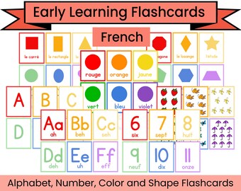 French Early Learning Flash Cards - Number, Shape, Color and Alphabet Flashcards - PDF Printable Packet - Instant Digital Download