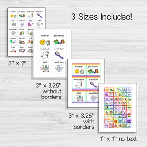 May include: A set of colorful picture cards for children. The cards feature various activities like waking up, getting dressed, brushing teeth, and taking a bath. The cards are available in three sizes: 2 inches by 2 inches, 3 inches by 3.25 inches without borders, and 3 inches by 3.25 inches with borders. There is also a set of 1 inch by 1 inch cards with no text.