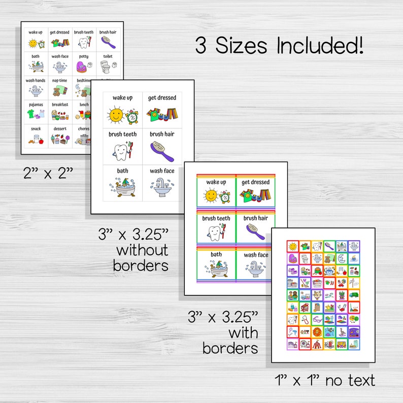 May include: A set of colorful picture cards for children. The cards feature various activities like waking up, getting dressed, brushing teeth, and taking a bath. The cards are available in three sizes: 2 inches by 2 inches, 3 inches by 3.25 inches without borders, and 3 inches by 3.25 inches with borders. There is also a set of 1 inch by 1 inch cards with no text.