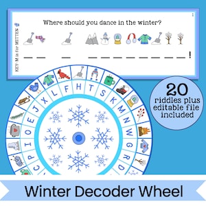 Puede incluir: Una rueda de decodificador de invierno azul y blanca con copos de nieve e iconos con temática invernal. La rueda se utiliza para resolver acertijos. El texto en la rueda dice "KEY: M is for MITTEN". El texto en la tarjeta dice "¿Dónde deberías bailar en invierno?" y "20 acertijos más archivo editable incluido".
