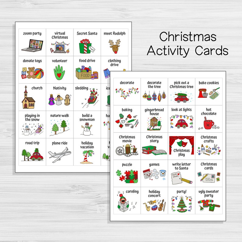 May include: A set of 24 colorful Christmas activity cards with illustrations of various activities, such as decorating a tree, baking cookies, playing in the snow, and watching a Christmas movie. The cards are perfect for a Christmas party or family gathering.