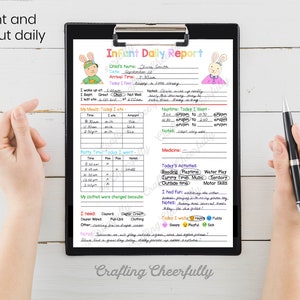 May include: A printable daily report form for tracking an infant's activities, meals, sleep, and needs. The form features a colorful design with cartoon bunnies and includes sections for recording information such as wake-up time, nap times, diaper changes, and activities.
