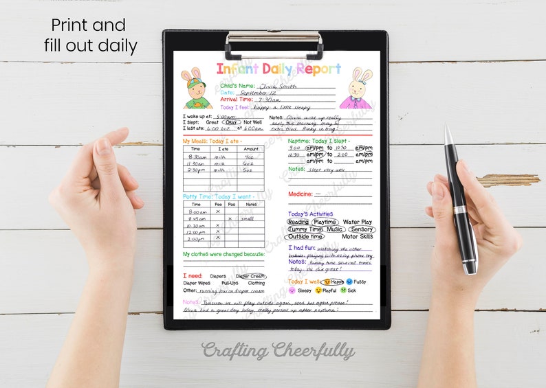 Rapport quotidien du nourrisson Préscolaire à domicile, garderie, journal des nourrices PDF imprimables et à remplir image 2